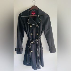 MERONA 100% Cotton Black Lined Trench Coat Jacket Marbled Buttons Tan Piping SM